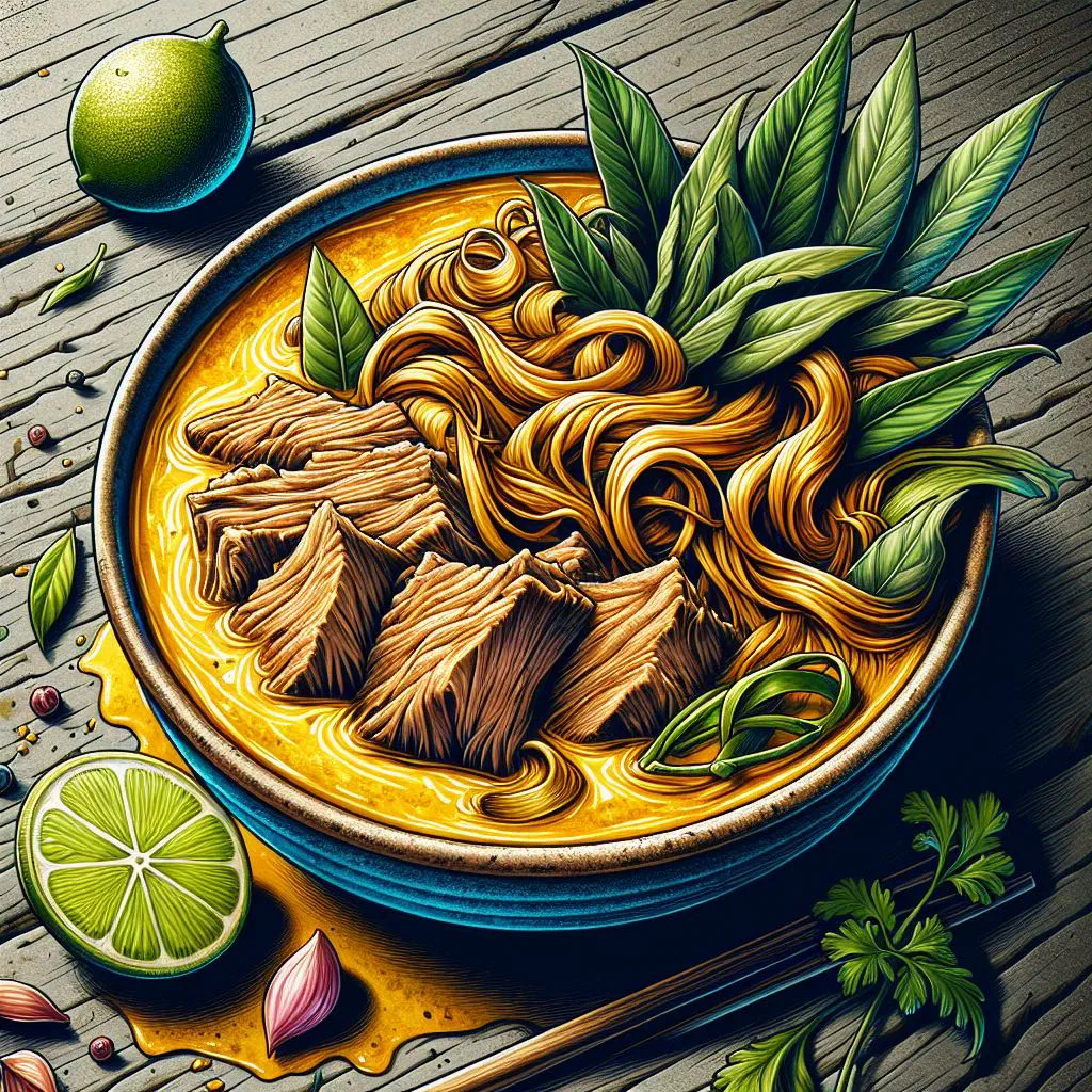 Gulai kikil beef in a golden coconut curry sauce garnished with coriander