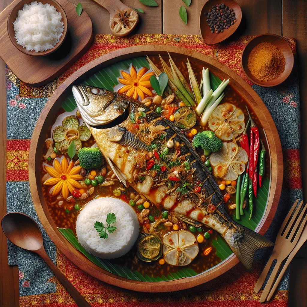 Indonesian ikan pesmol — fried fish in a spiced yellow turmeric sauce