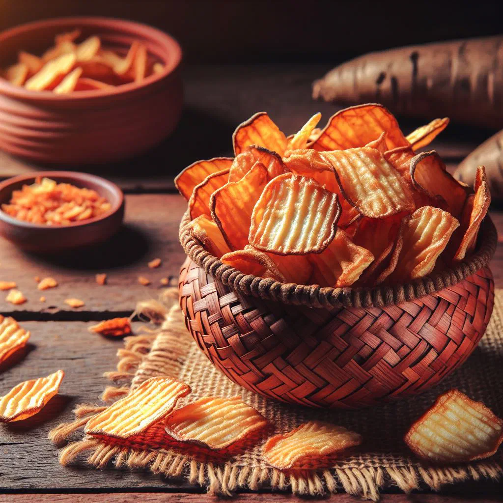 Crispy golden cassava chips dusted with chilli and salt