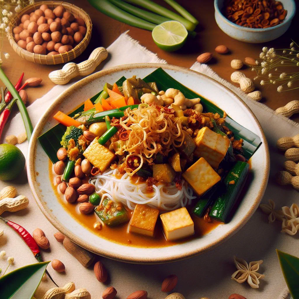 Ketoprak with rice noodles, tofu and fresh vegetables in peanut sauce