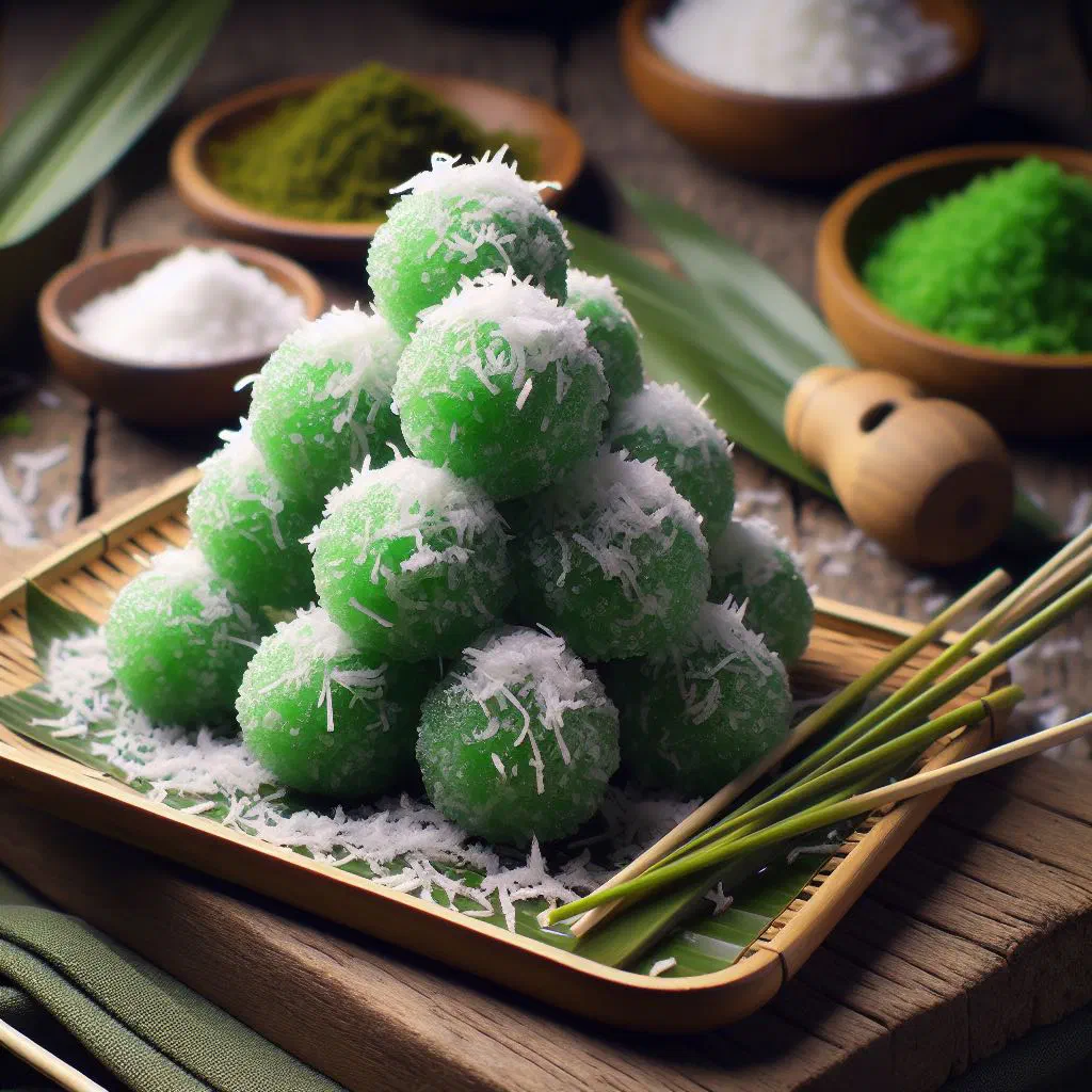 Green klepon rice balls coated in grated coconut on a plate