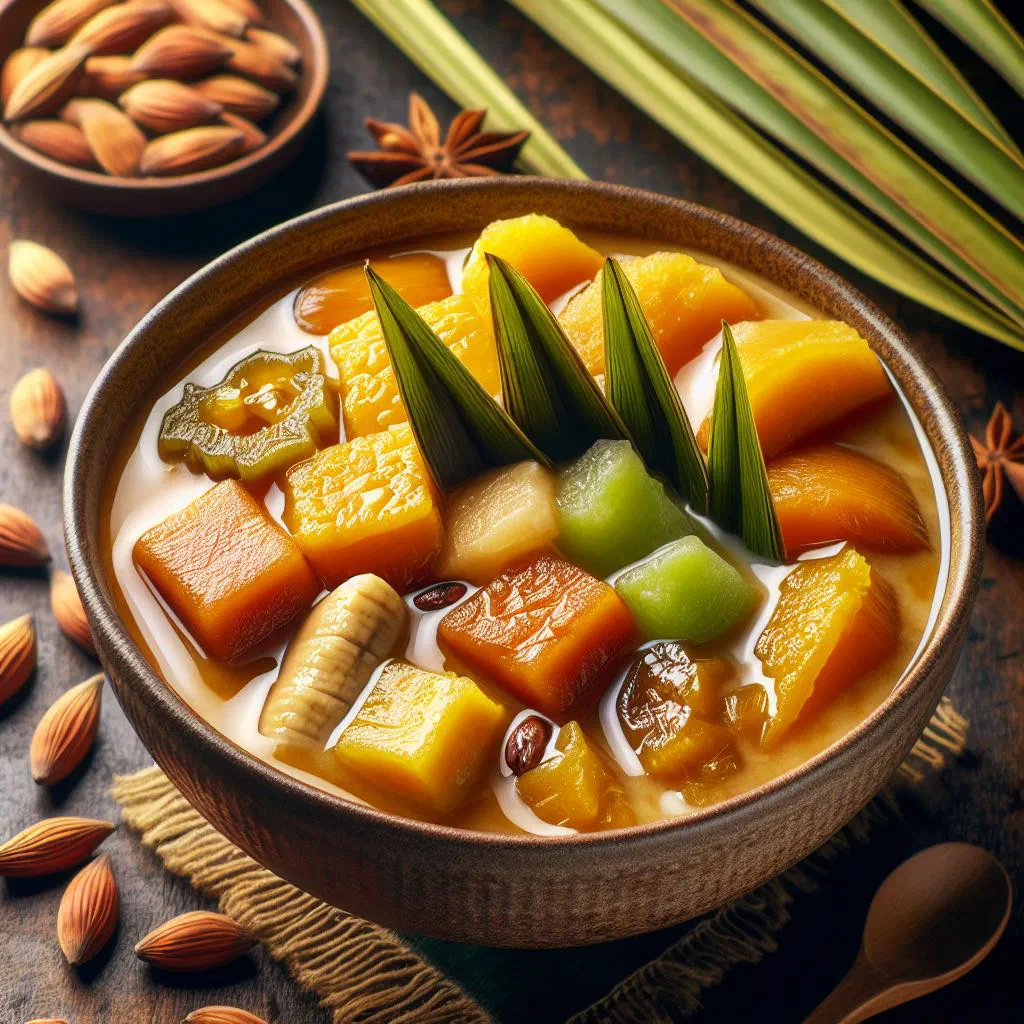 Bowl of Indonesian kolak with banana and sweet potato in coconut milk