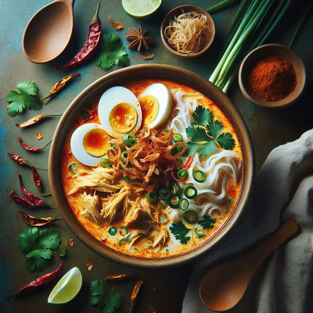 Bowl of Laksa Betawi noodle soup in creamy coconut broth with fresh herbs