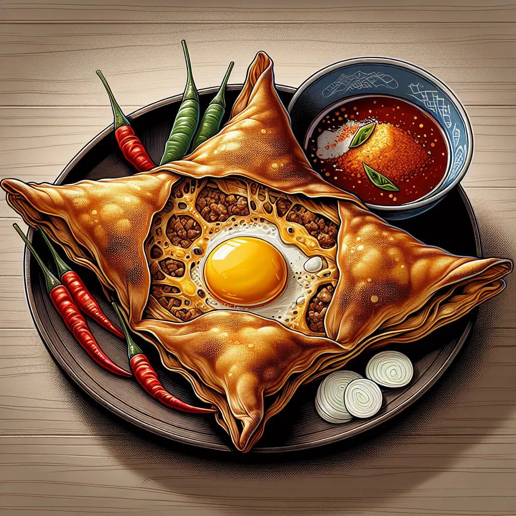 Golden, crispy stuffed martabak telor pancake cut into pieces