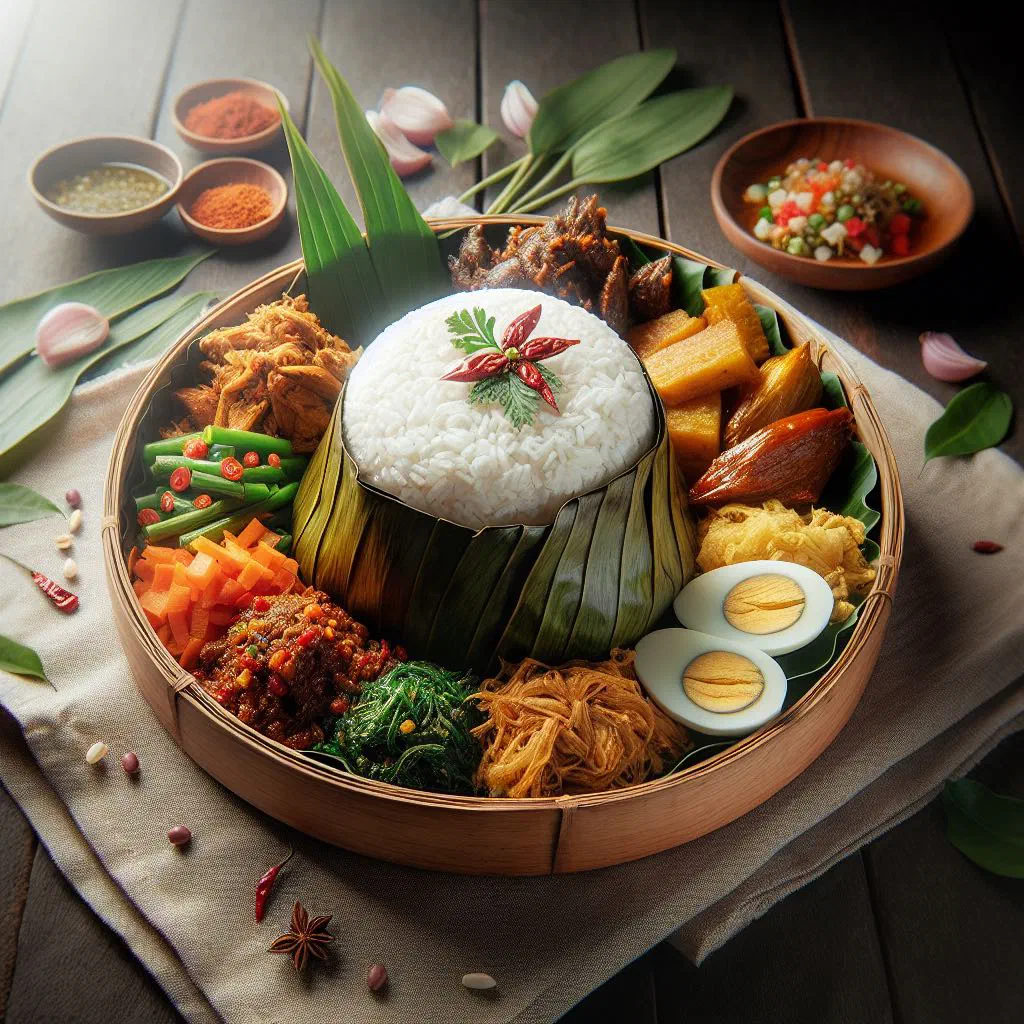 Nasi Bogana with seasoned rice, chicken and vegetables in a bowl