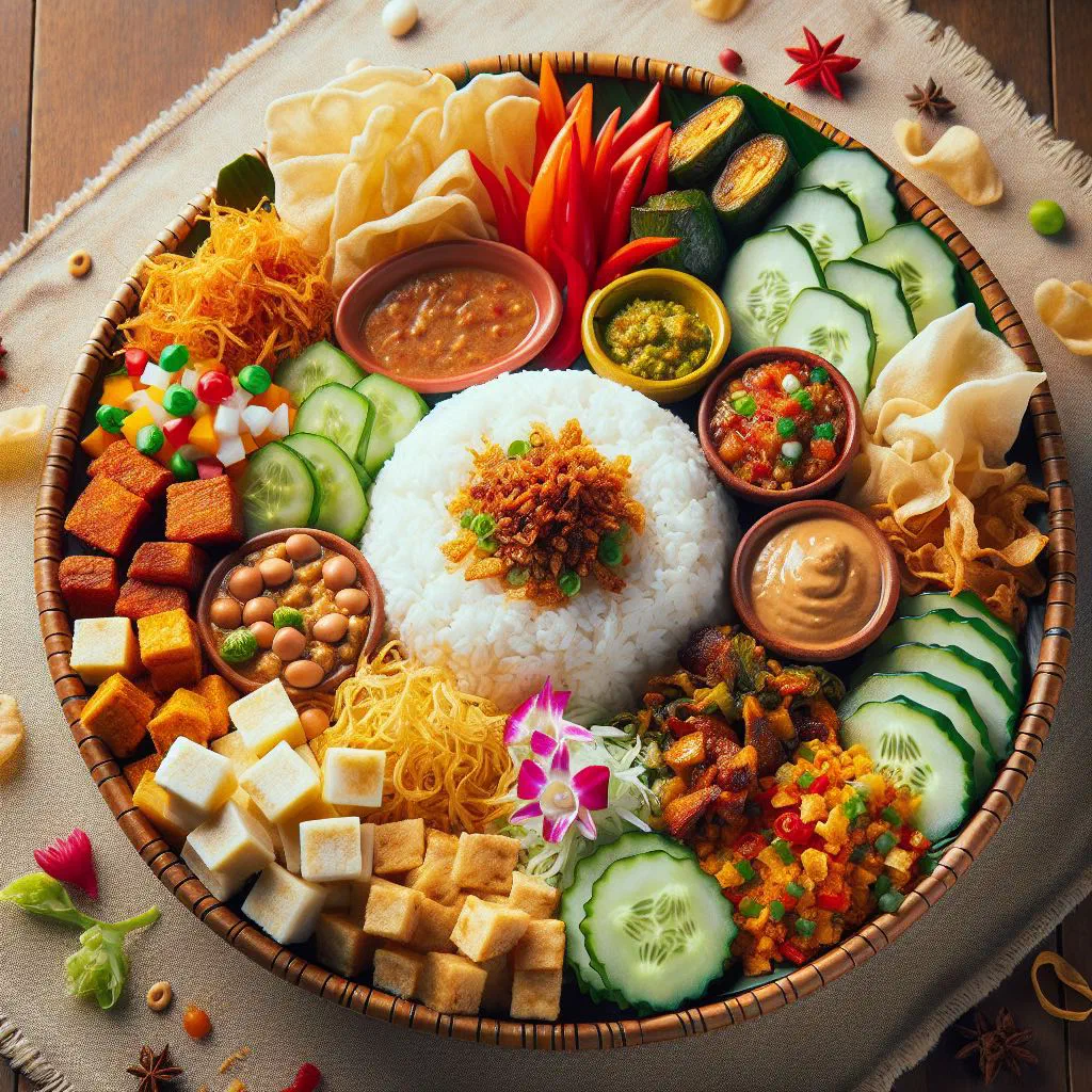 Nasi campur Bali with fragrant rice, chicken, green beans and peanuts