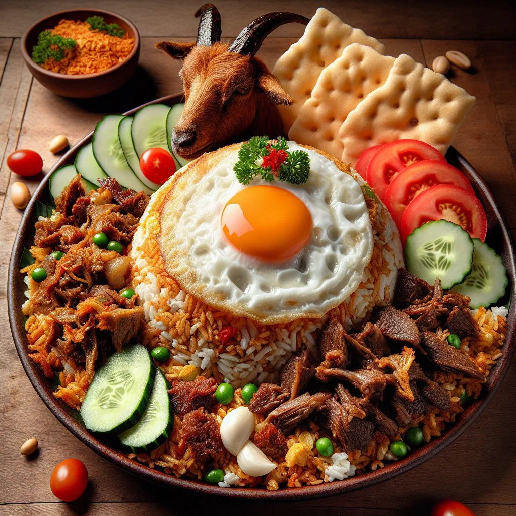 Indonesian nasi goreng kambing fried rice with spiced lamb and chillies