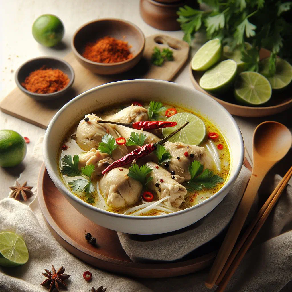 Opor ayam chicken simmered in creamy coconut sauce, garnished with fresh coriander
