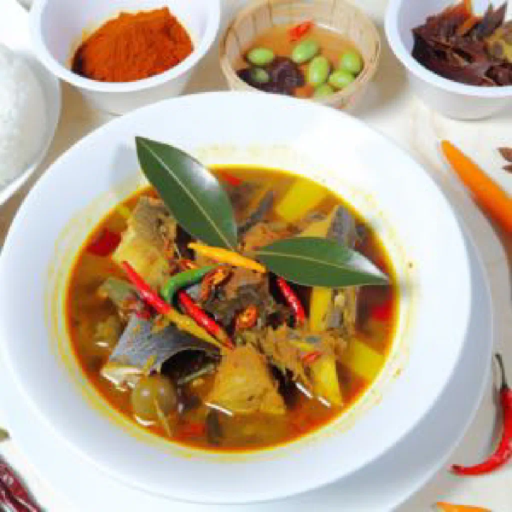 A steaming bowl of Pindang Ikan with fish, pineapple and lime