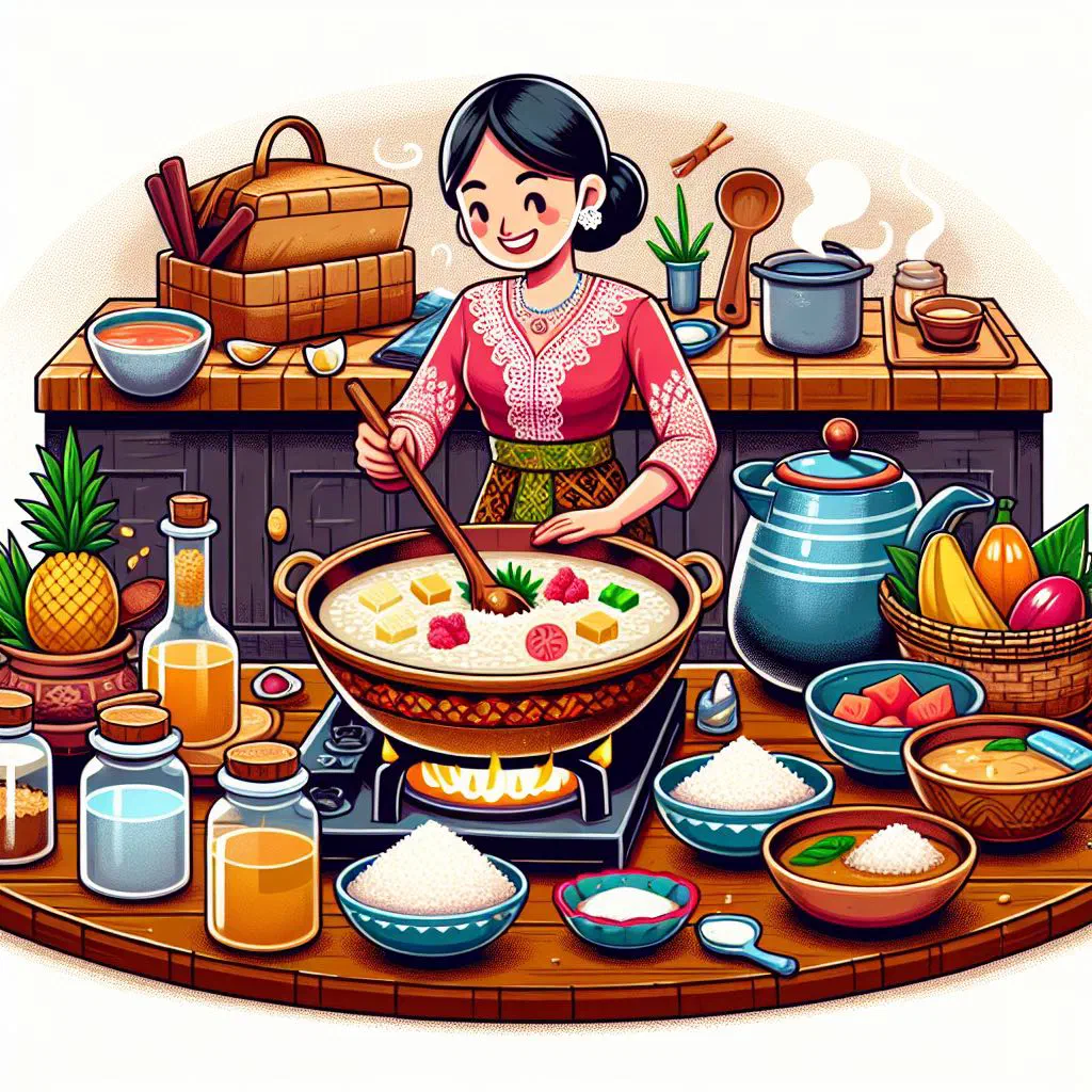Creamy Indonesian rice porridge in a bowl with fresh fruit and coconut toppings