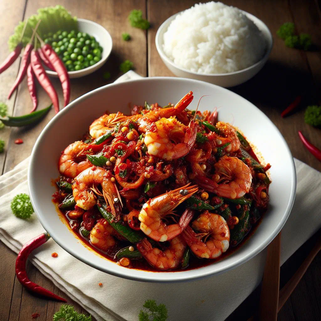 Prawns in a glossy red chilli sambal sauce garnished with coriander