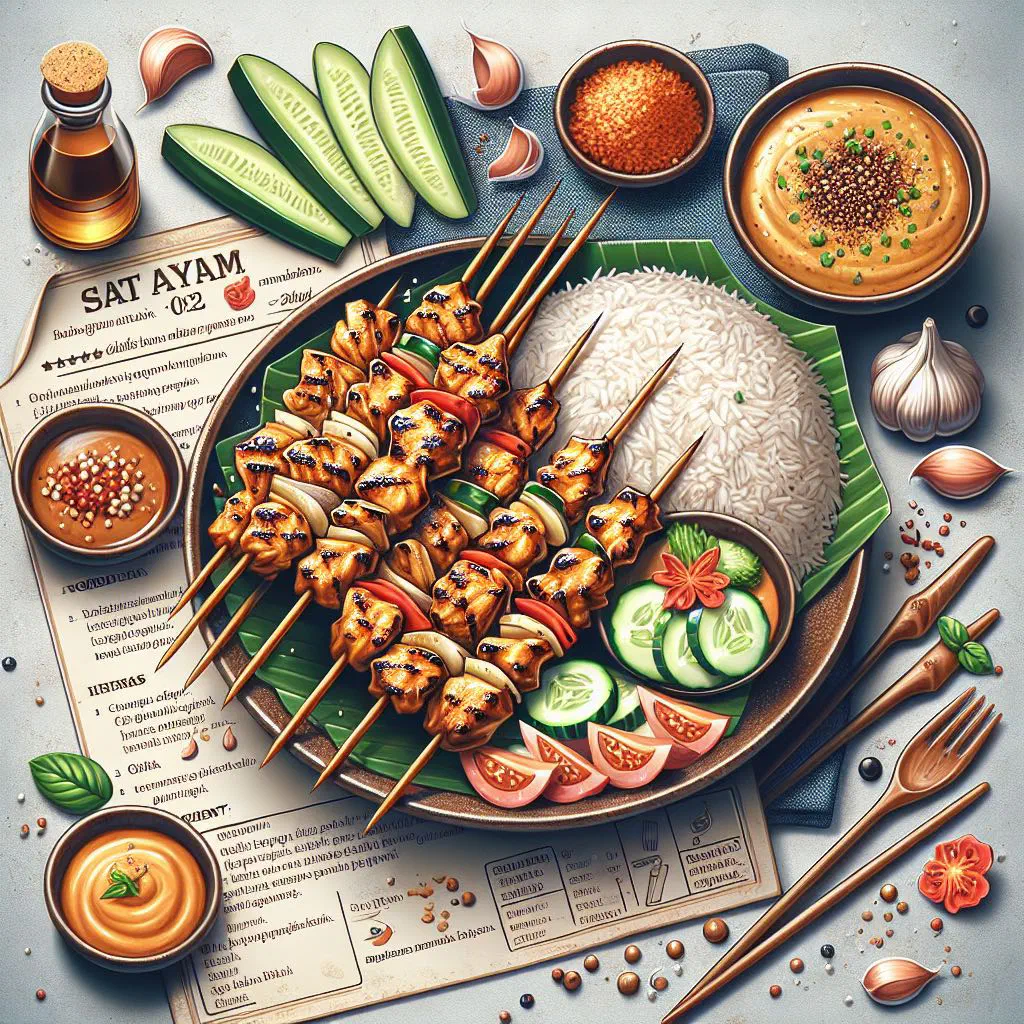 Grilled chicken sate ayam skewers served with peanut sauce and lime
