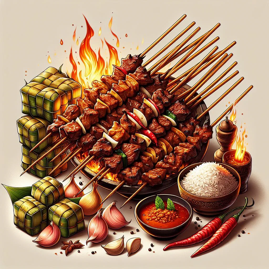 Grilled sate maranggi beef skewers with peanut sauce and lime