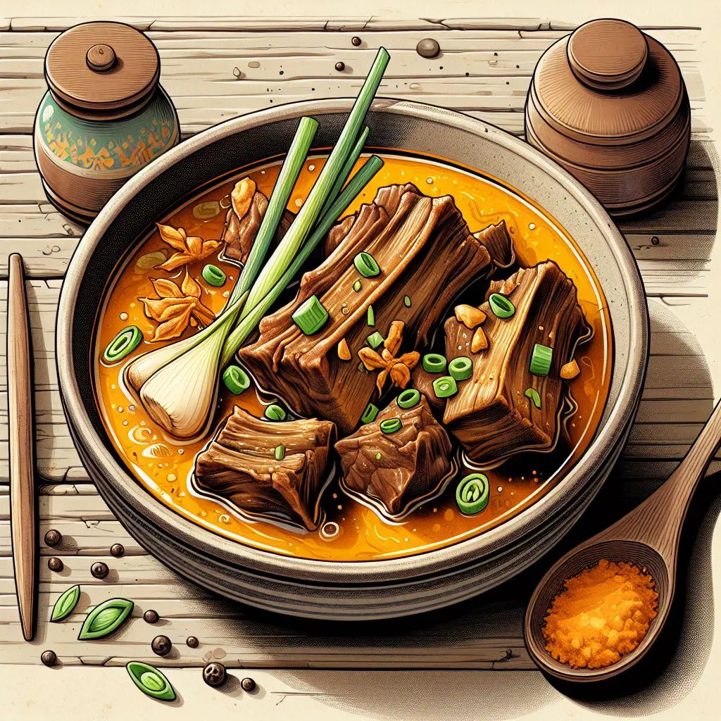 Bowl of Sop Konro beef rib soup garnished with fresh herbs