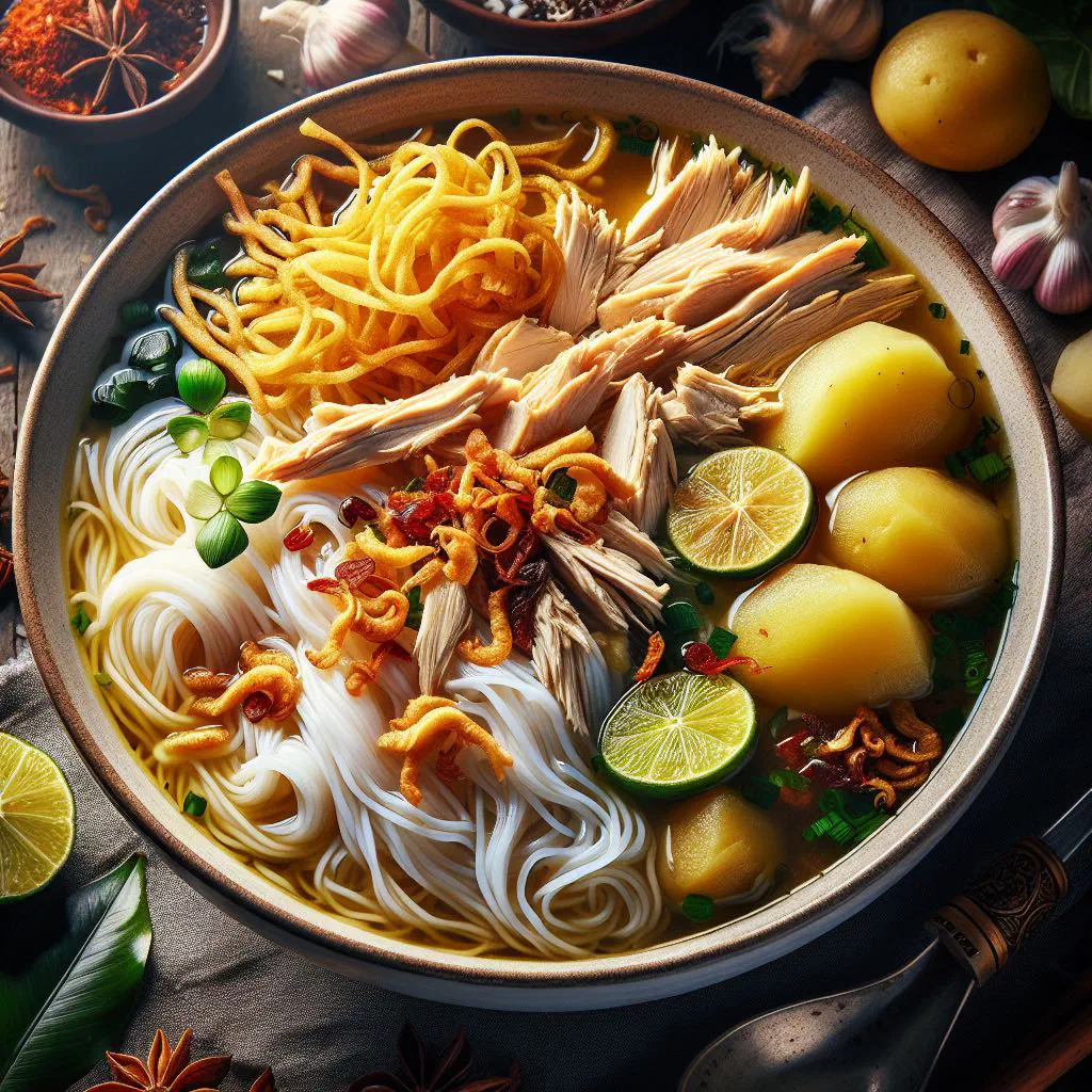 Bowl of Soto Banjar chicken soup with potatoes and fresh herbs