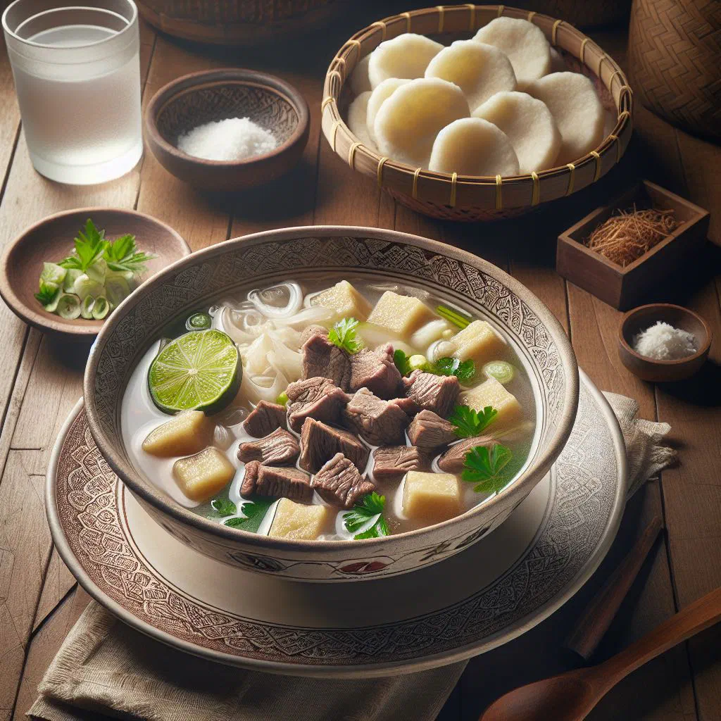 A bowl of Soto Betawi beef soup in creamy coconut broth garnished with fresh herbs