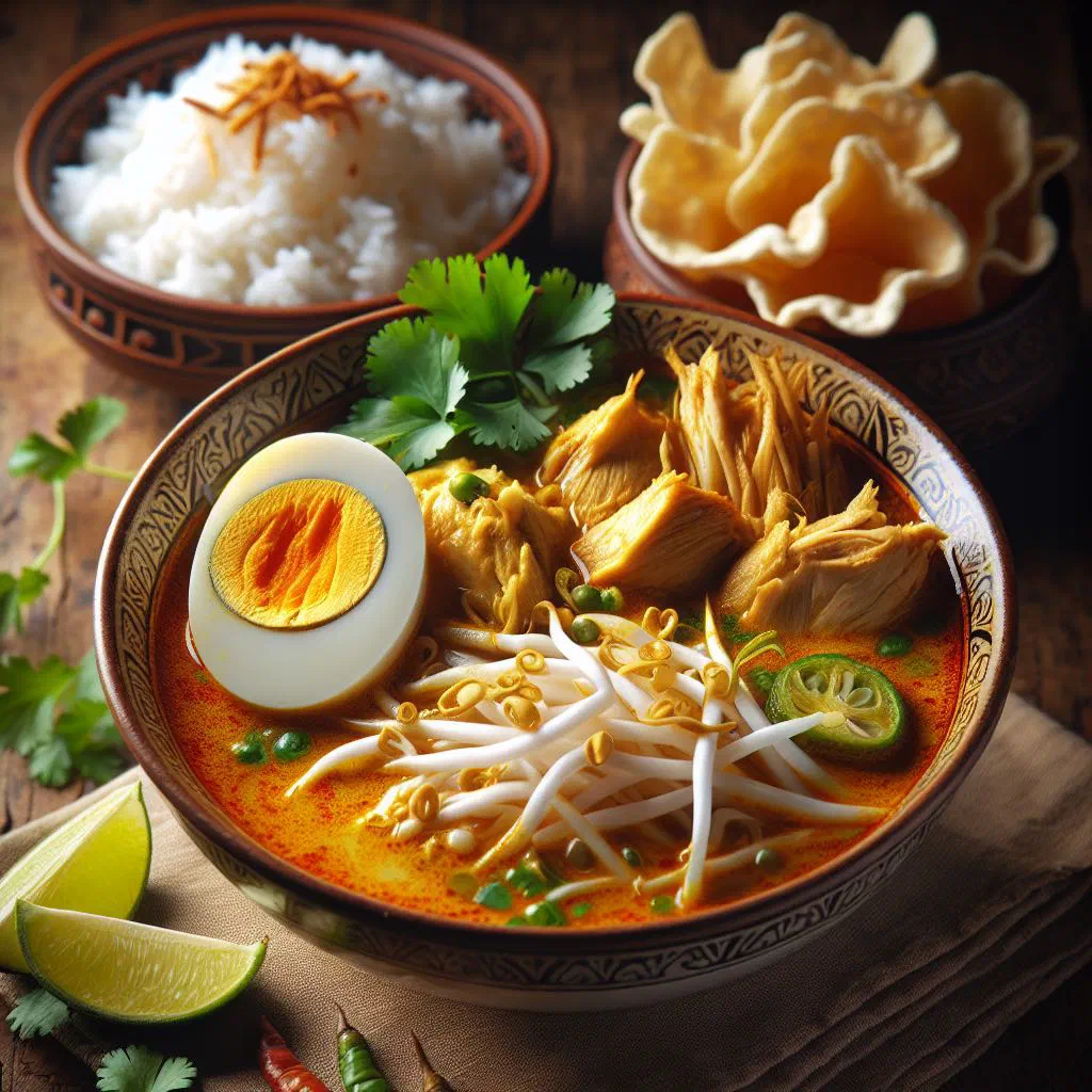 Bowl of Soto Lamongan chicken soup with golden turmeric broth and fresh coriander