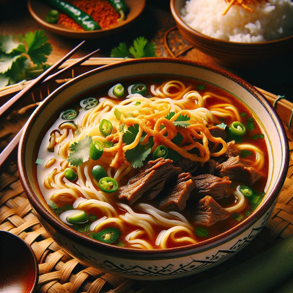 Bowl of Soto Padang beef soup garnished with fresh coriander and spring onions
