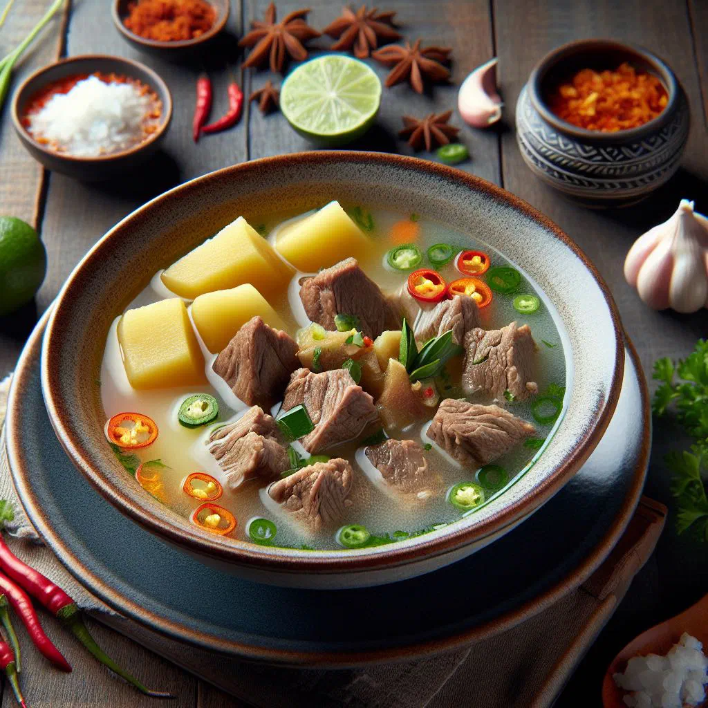 Bowl of Sumsum Kambing goat bone broth garnished with fresh coriander