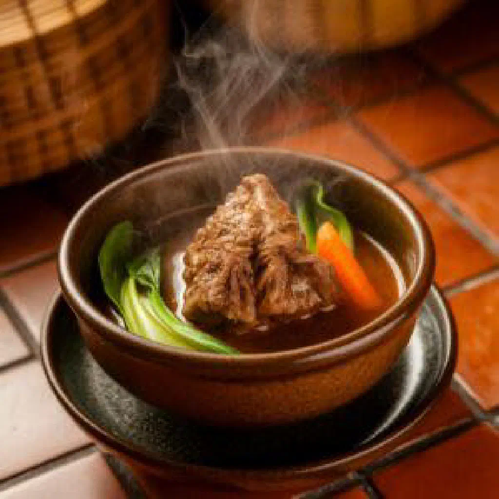 Indonesian sup iga beef rib soup garnished with fresh coriander