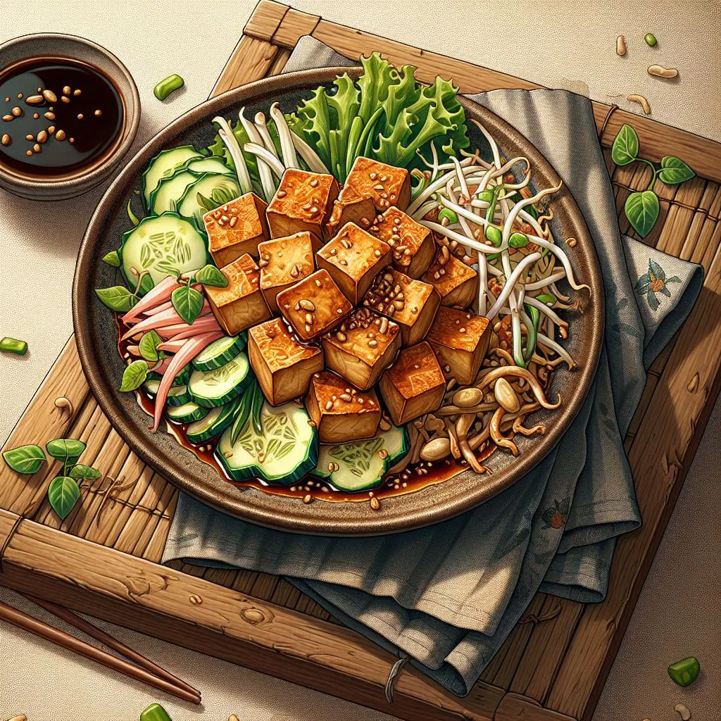 Golden, crispy cubes of deep-fried tofu served on a plate