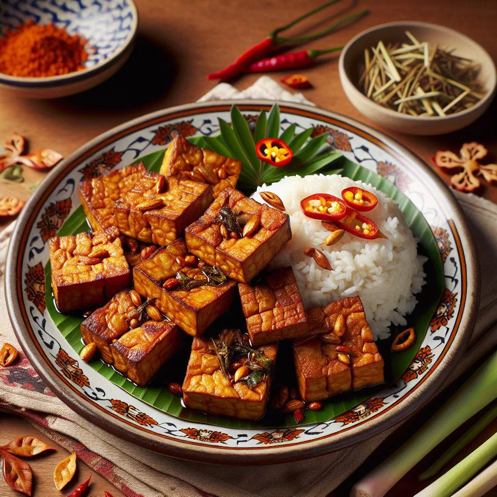 Golden fried tempe bacem pieces glazed in sweet soy sauce