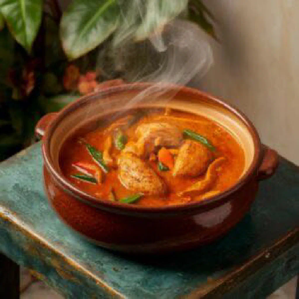 Woku Belanga with fish simmered in spiced coconut sauce and fresh herbs