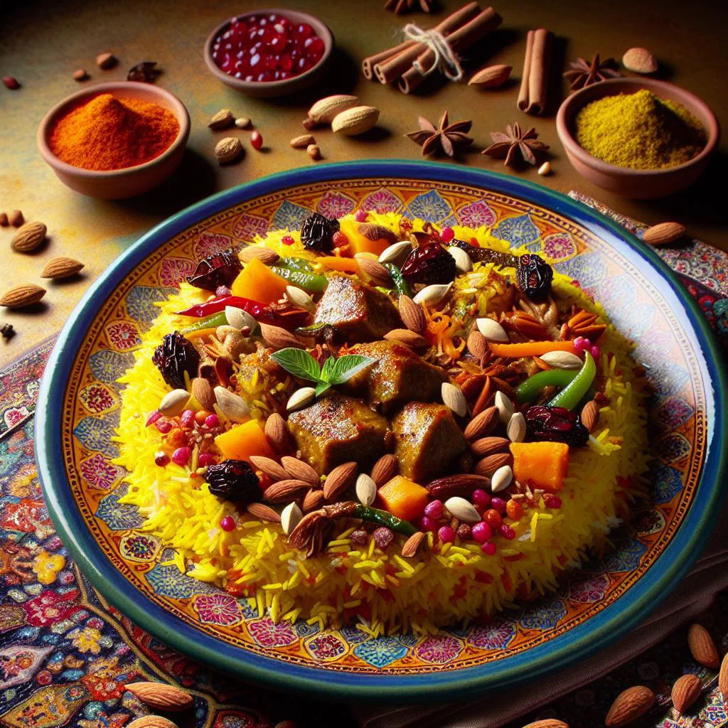 Fragrant Persian biryani of basmati rice with spiced meat, herbs and nuts