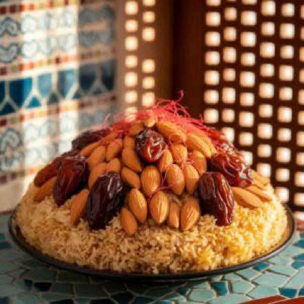 Sweet almond and rice dish garnished with fresh herbs in a decorative bowl