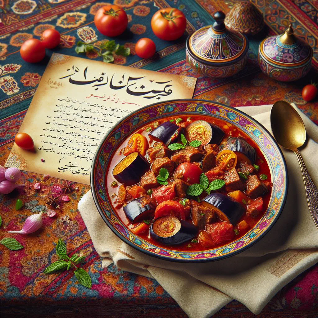 Persian aubergine and lamb stew served with saffron rice