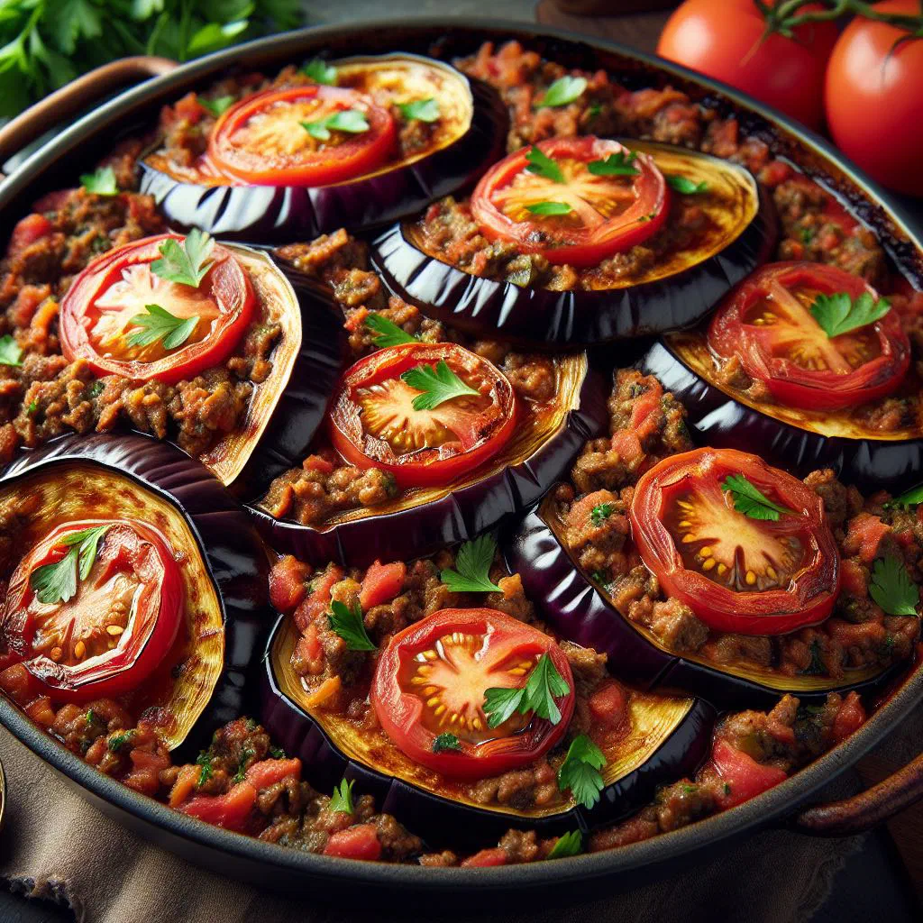Baked Iraqi tepsi baytinijan with layers of aubergine, minced meat and tomato