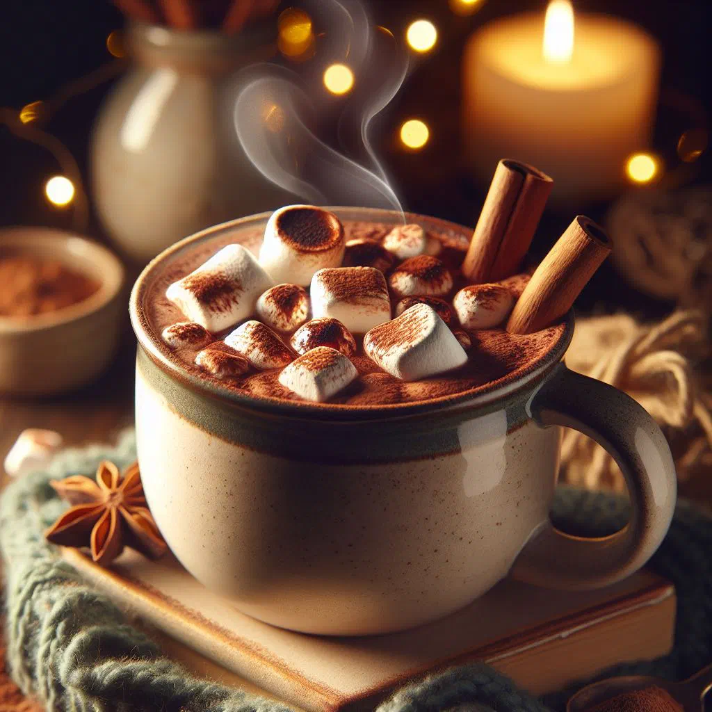 Baileys hot chocolate topped with whipped cream and a dusting of cocoa