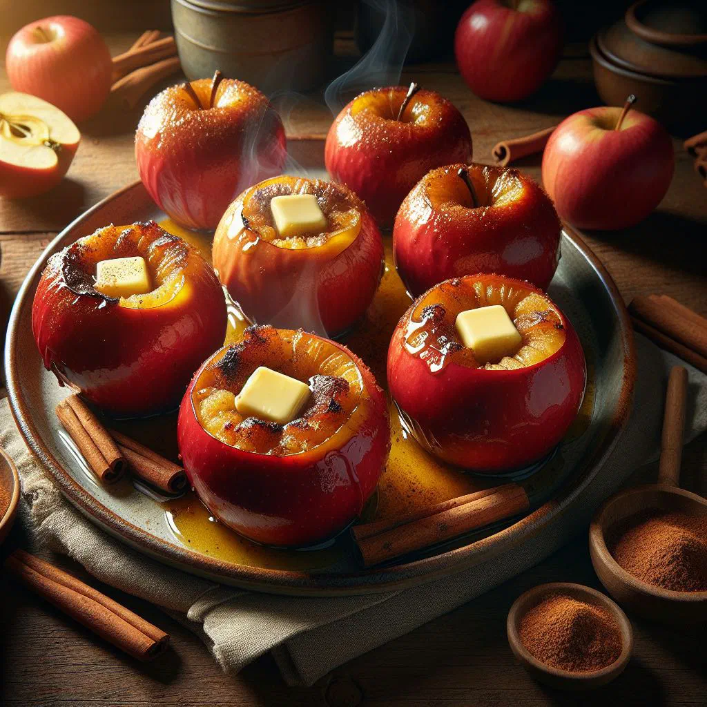 Baked apples stuffed with a cinnamon oat filling in a baking dish