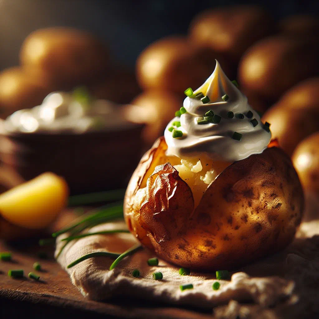 Baked potato split open and topped with sour cream and chopped chives