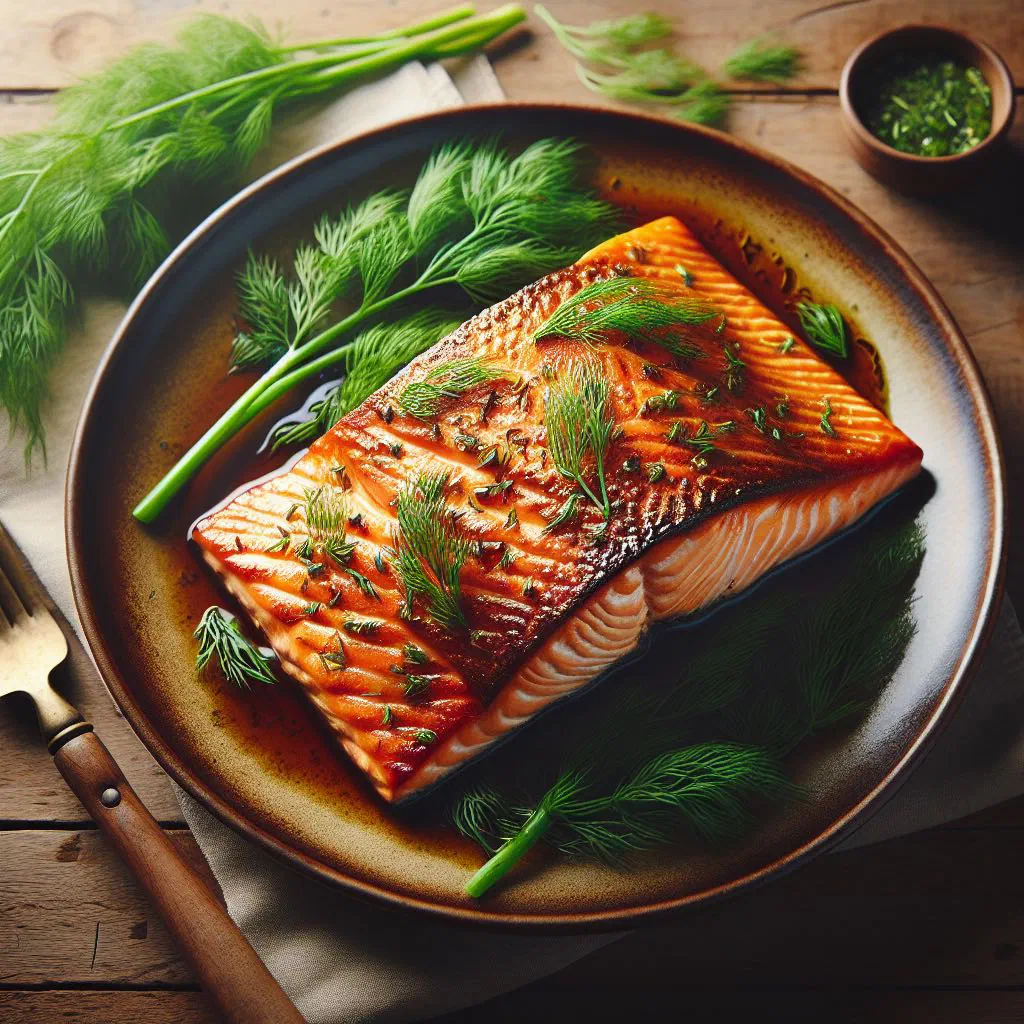 Baked salmon fillets topped with dill and lemon slices