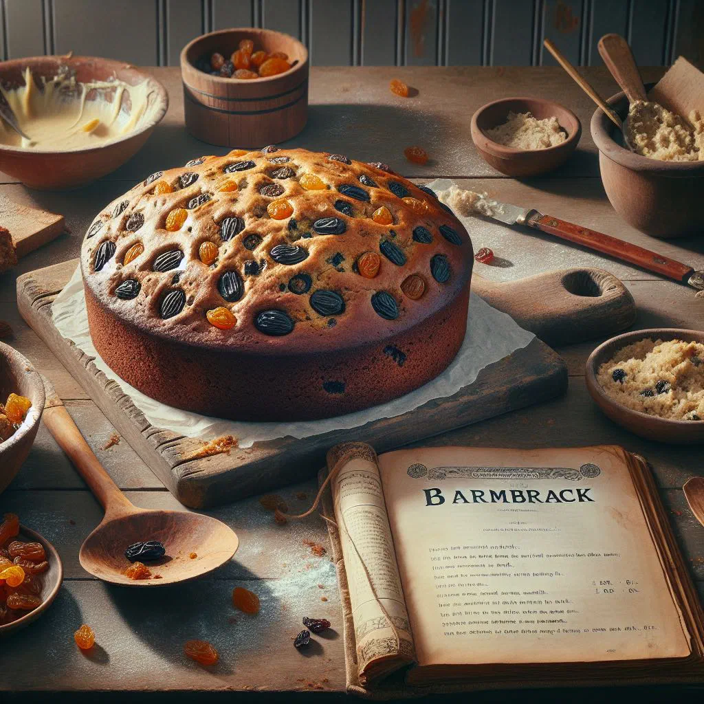 Sliced barmbrack fruit bread on a wooden board