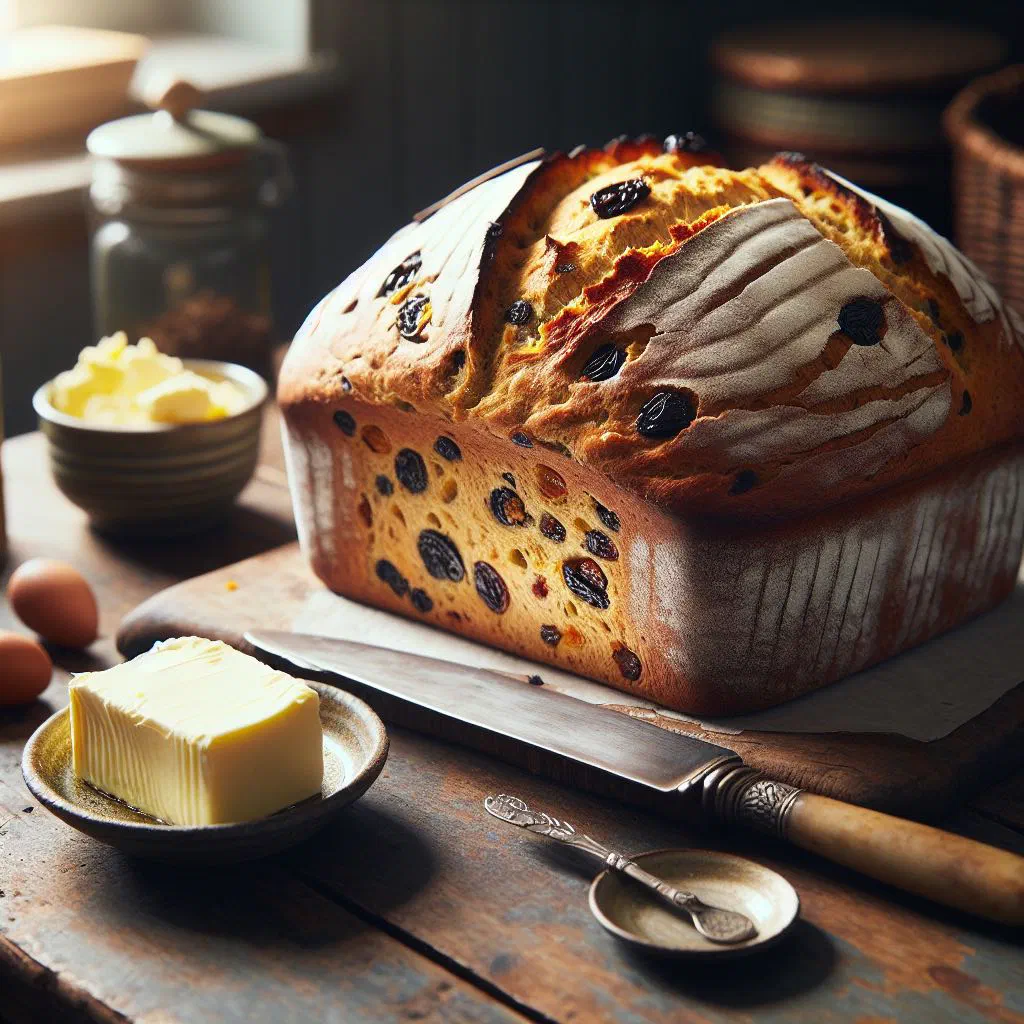 Sliced barmbrack fruit bread served with a knob of butter