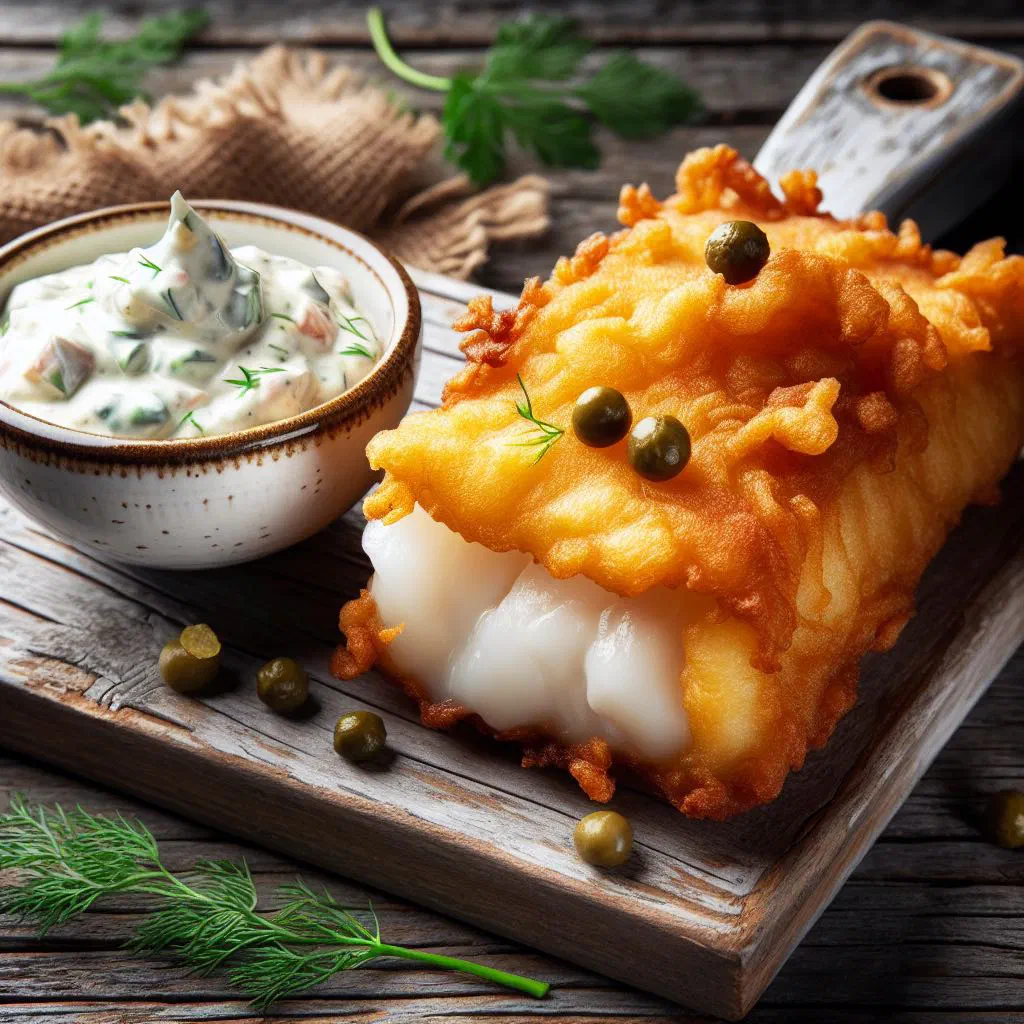 Golden battered cod fillet with tartar sauce and chips
