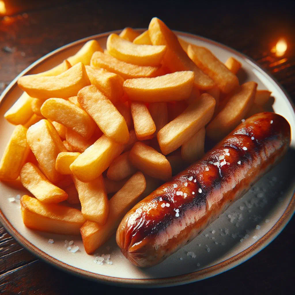 Golden battered sausages served with a pile of chunky chips