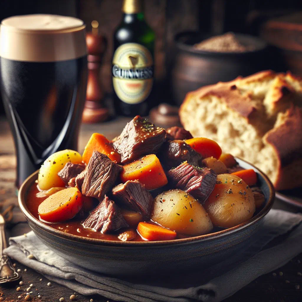 Bowl of beef and Guinness stew with carrots and a rich dark gravy