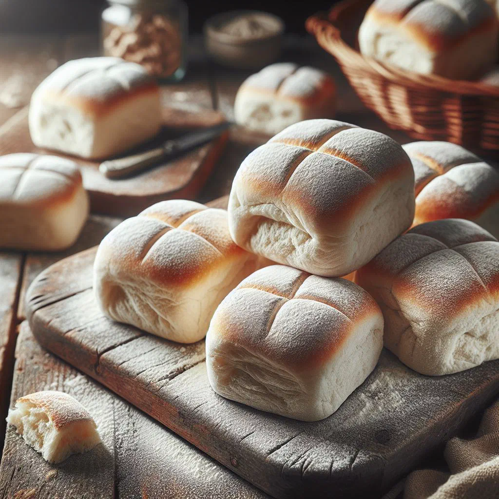Soft, flour-dusted blaa bread rolls fresh from the oven