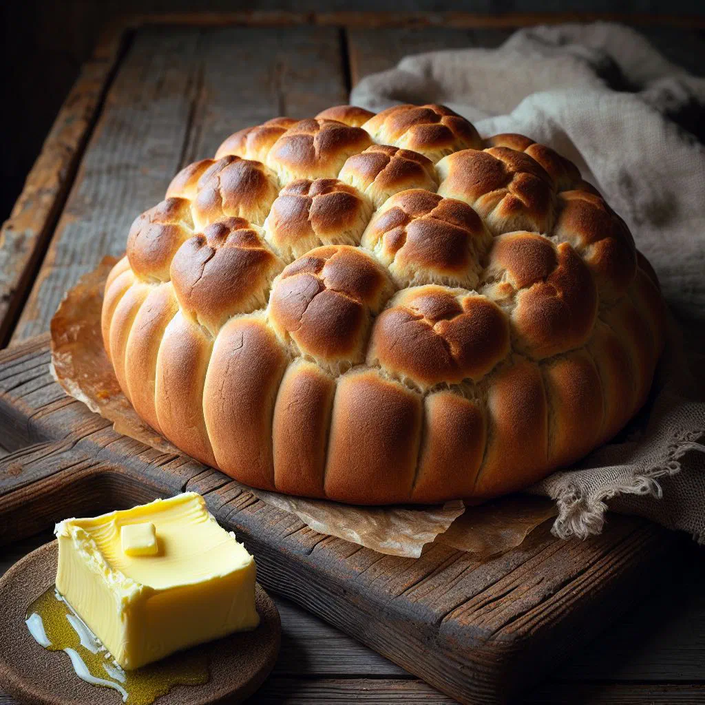 Soft white Irish blaa bread roll dusted with flour and spread with butter