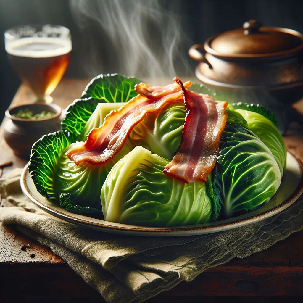 Boiled bacon with cabbage and potatoes served with mustard sauce
