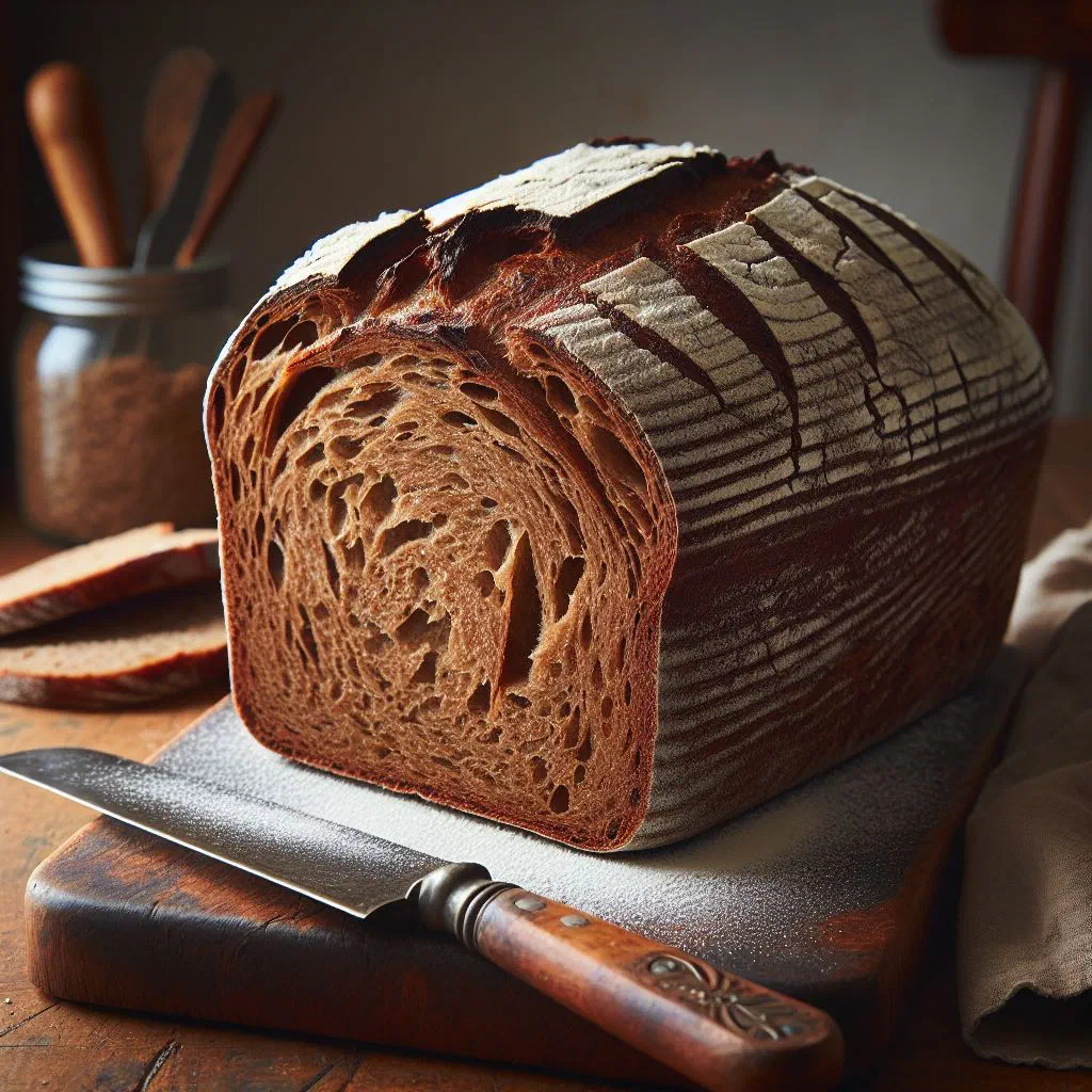 A rustic loaf of Irish brown bread, sliced and cooling on a wooden board