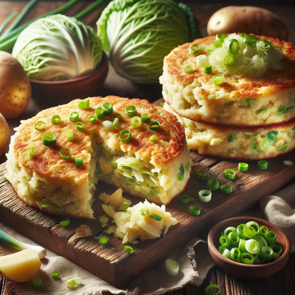 Golden pan-fried cabbage colcannon cakes garnished with fresh herbs