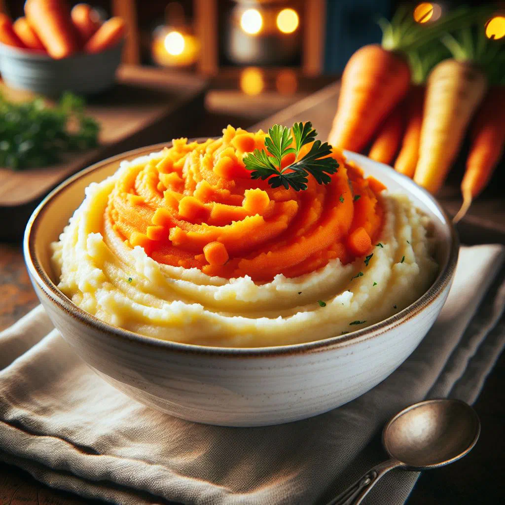 Creamy carrot and parsnip mash garnished with fresh herbs