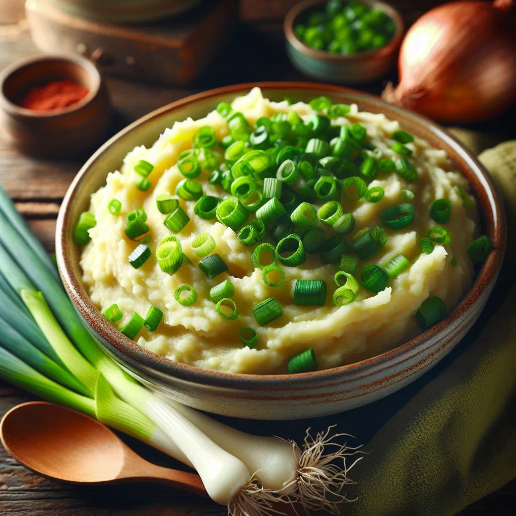 Bowl of creamy champ with scallions topped with a melting knob of butter