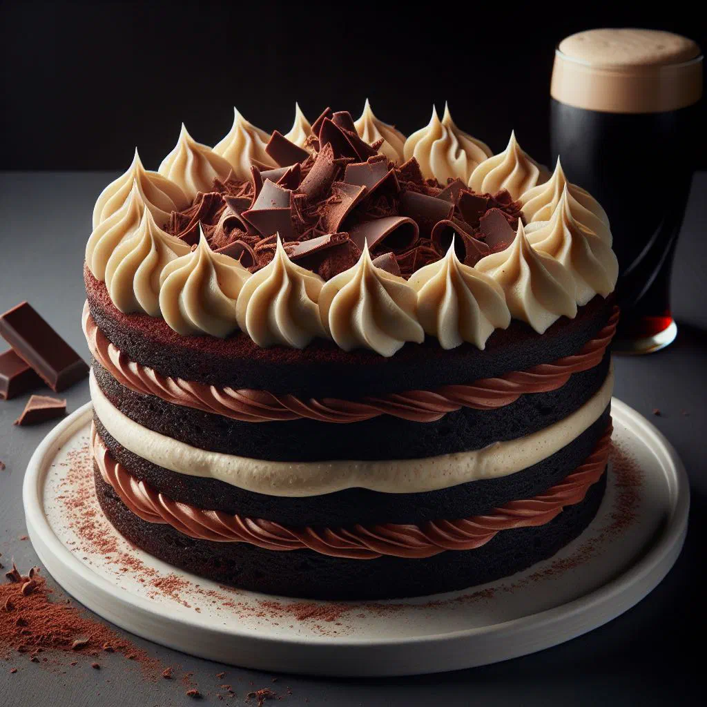 A moist dark chocolate Guinness cake dusted with icing sugar