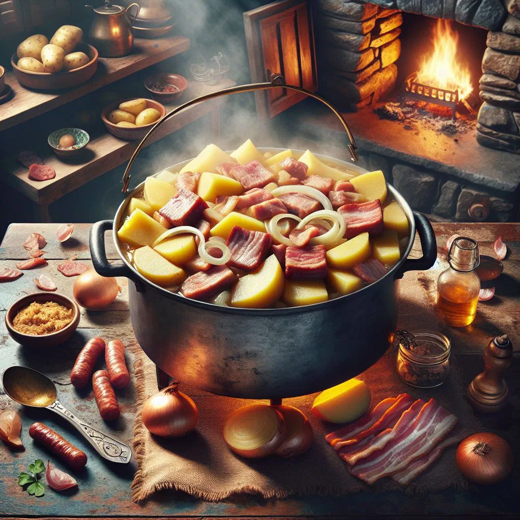 A bowl of Irish coddle with sausages, bacon and potatoes garnished with parsley