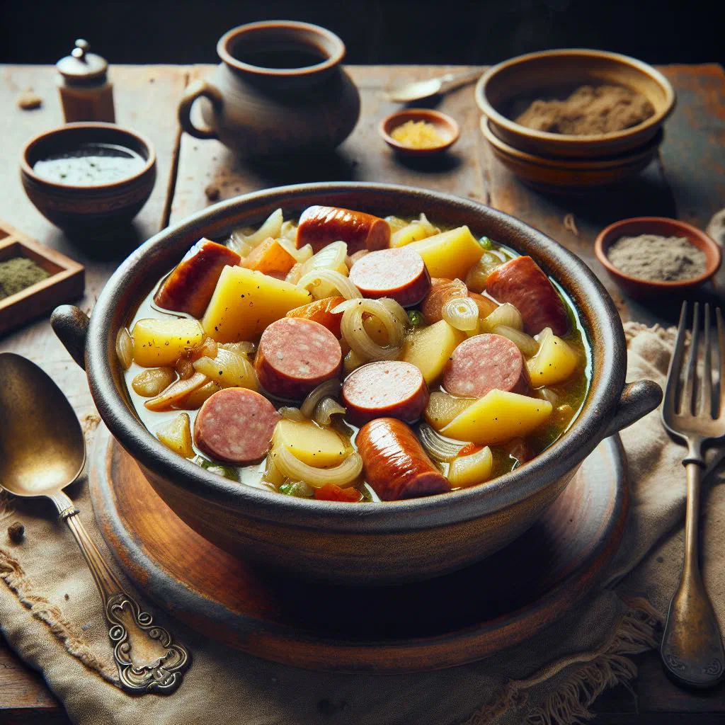 Irish coddle with sausages, potatoes and onions in a rustic bowl